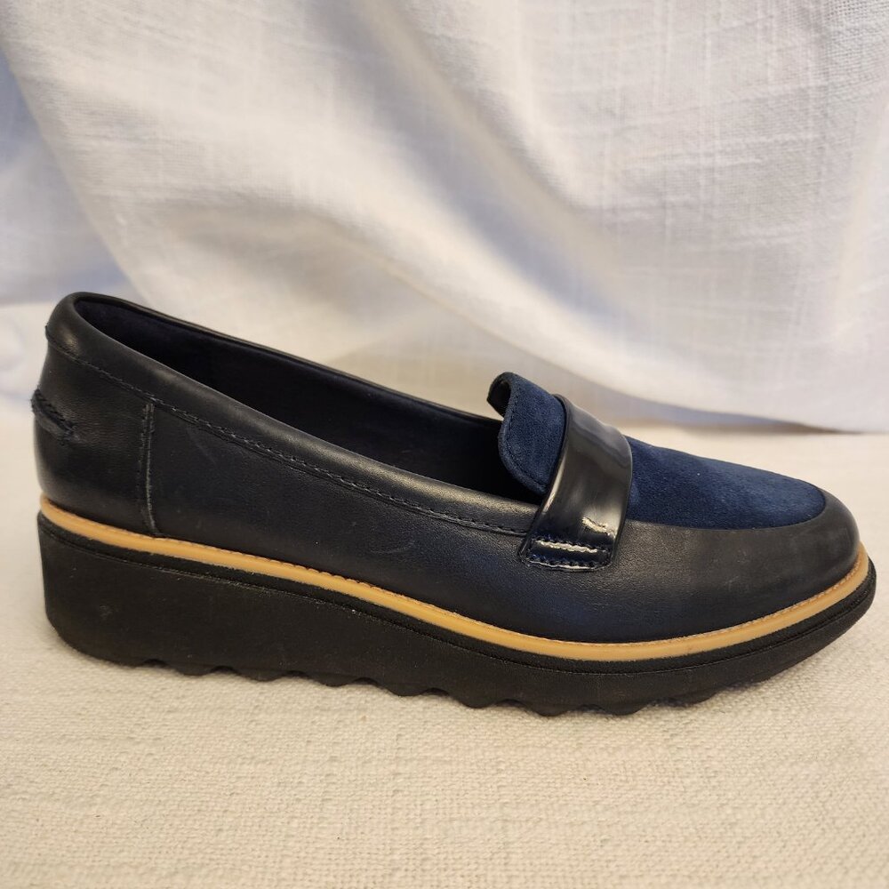 Clarks Collec Shoe W 7 Sharon Gracie Loafers Blue Lthr Suede Patent Slip On A211 - Picture 5 of 9